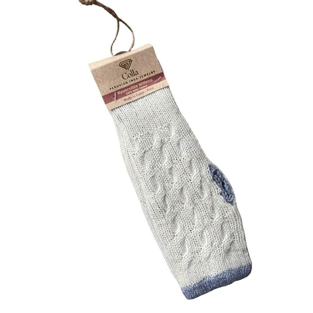 Colla 100% Baby Alpaca Reversible Mittens Peru Cable Knit Ivory Gray NWT